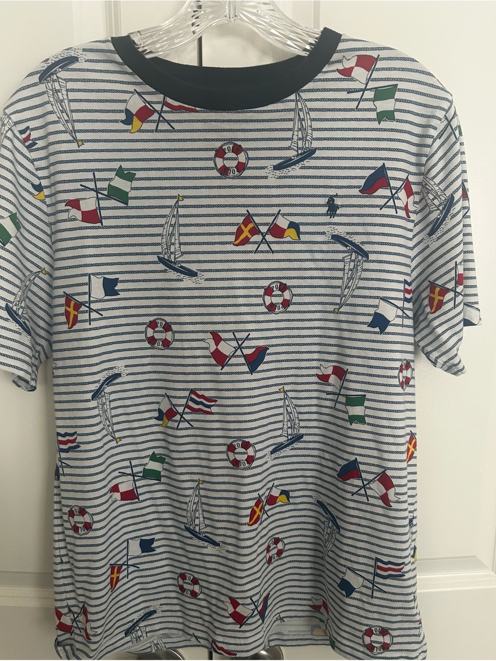 Kids Polo Stripe Tee with Flag & Lifesaver Print - Blue/White